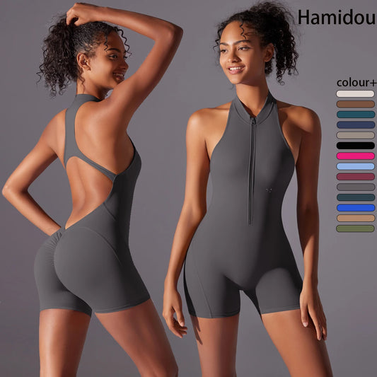 Gray backless gym bodysuit for women by KiKis featuring a front zipper and sleeveless design