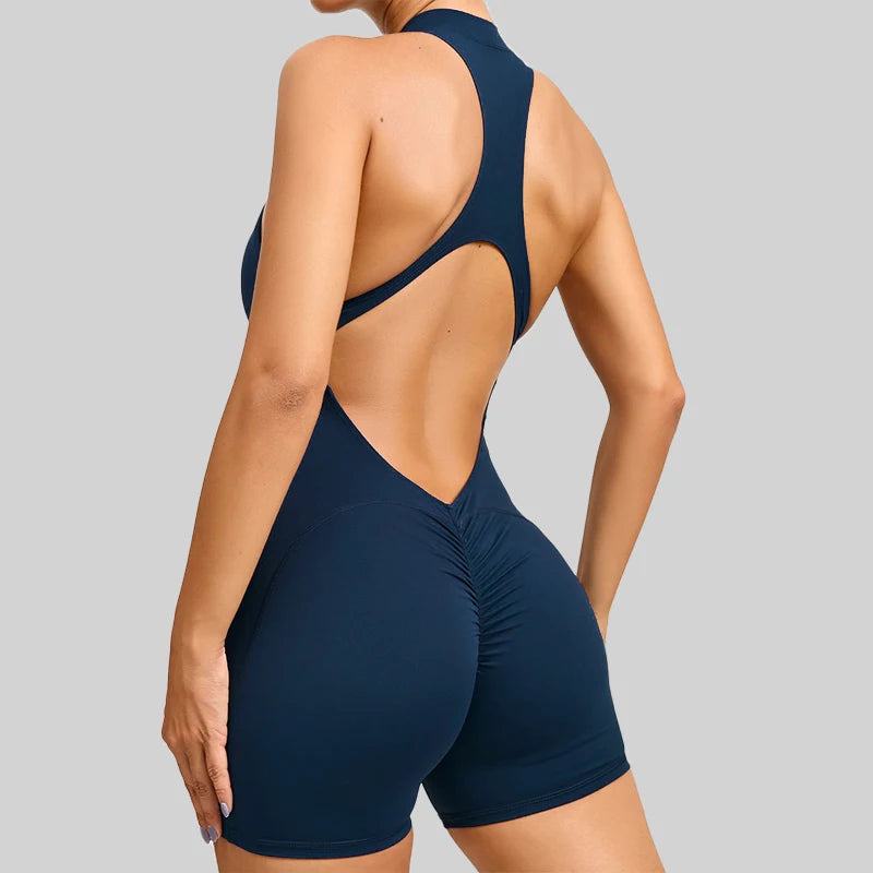 Sleeveless Workout Romper with Open Back Design