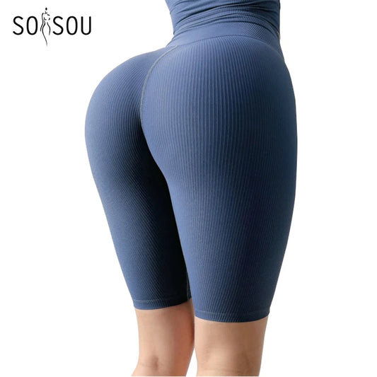 Women's High Waist Cycling Shorts SOISOU Rib Fabric in blue with a snug, textured fit from KiKis