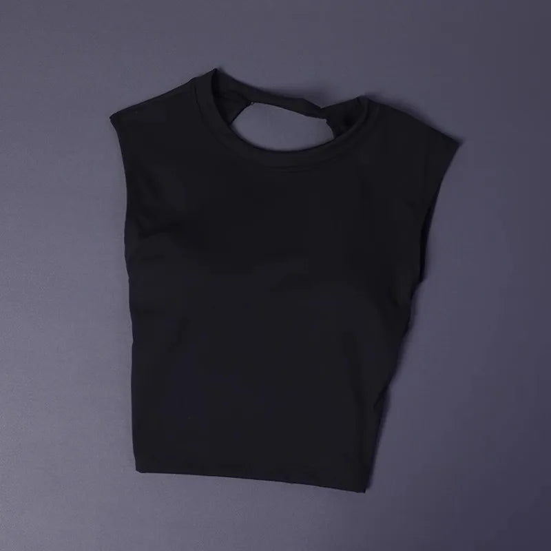 KiKis black women's backless sports tank top with round neckline and cap sleeves