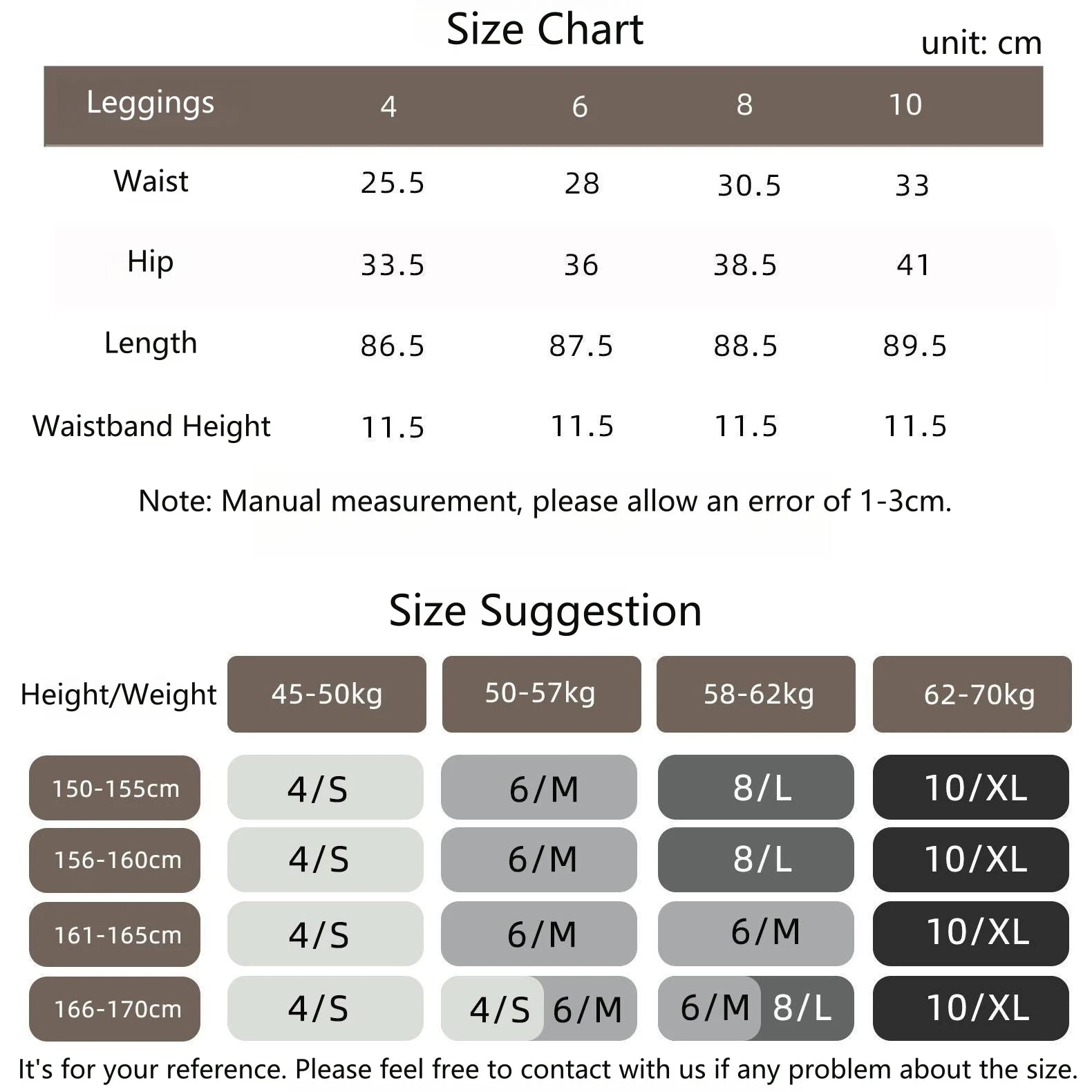 Size chart and size suggestions for Women Seamless Lotus Arc Yoga Pants by KiKis with measurements in centimeters