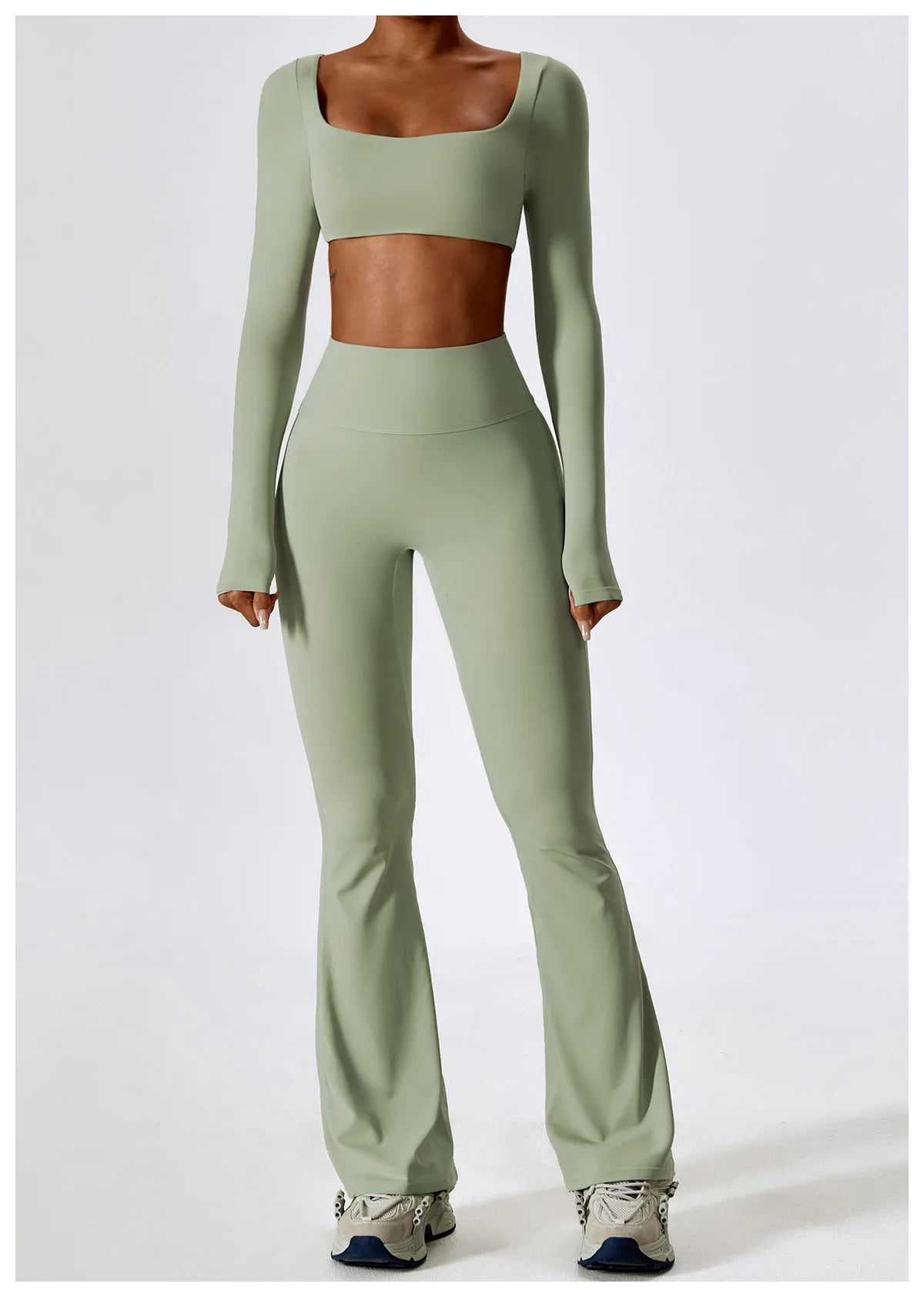 KiKis sage green 2 piece workout set for women with long sleeve crop top and flared pants