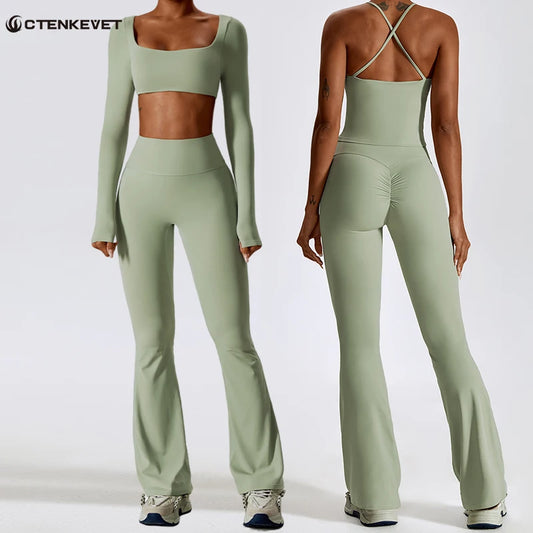 KiKis 2 piece workout set for women in sage green featuring long sleeves and flared leggings