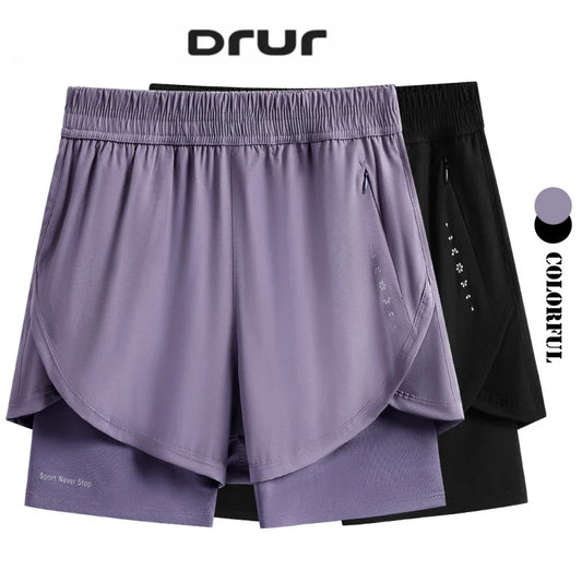 KiKis high waist running shorts for women in purple and black with layered design and zipper pockets