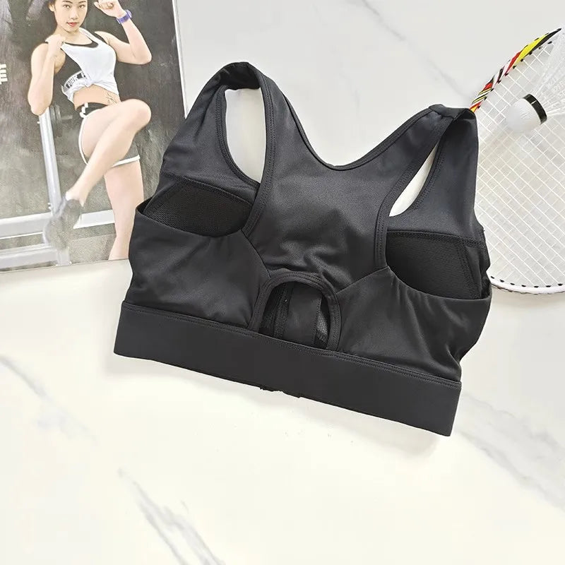 KiKis black high impact front zipper sports bra with racerback design and padded support