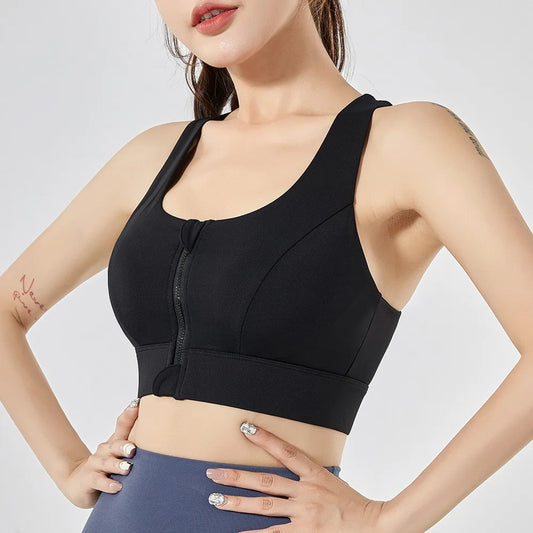 KiKis high impact front zipper sports bra in black worn by female model