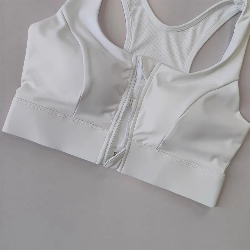White high impact front zipper sports bra with racerback design by KiKis