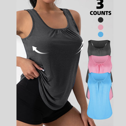 KiKis round neck sleeveless gym top in black pink and blue with breathable fabric for workouts