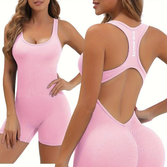 Pink women's workout jumpsuit by KiKis with racerback design and fitted style