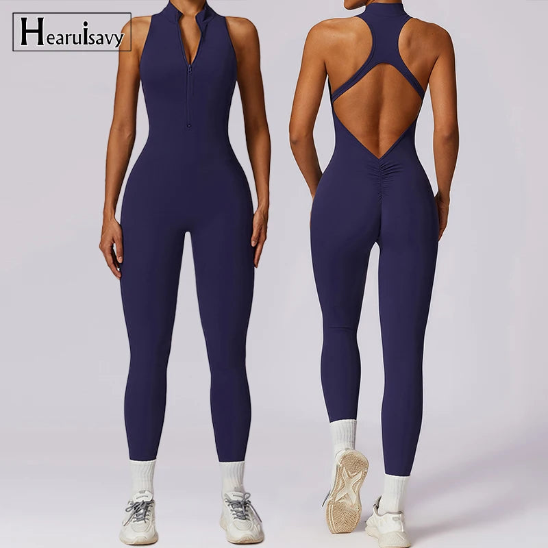 KiKis navy v back one-piece yoga suit with sleeveless design and front zipper
