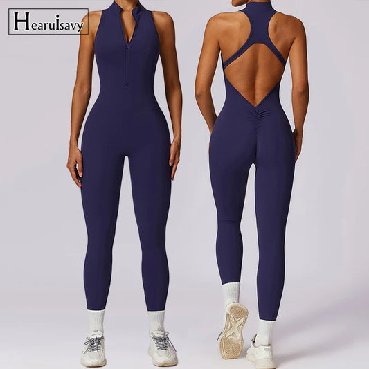 KiKis navy v back one-piece yoga suit with sleeveless design and front zipper