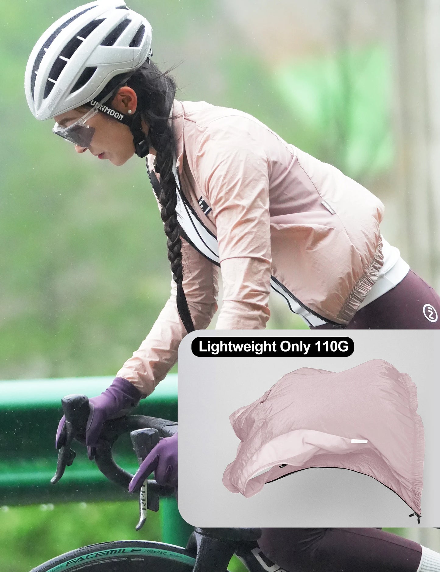 KiKis women's cycling windbreaker in light pink worn by cyclist, lightweight and breathable design