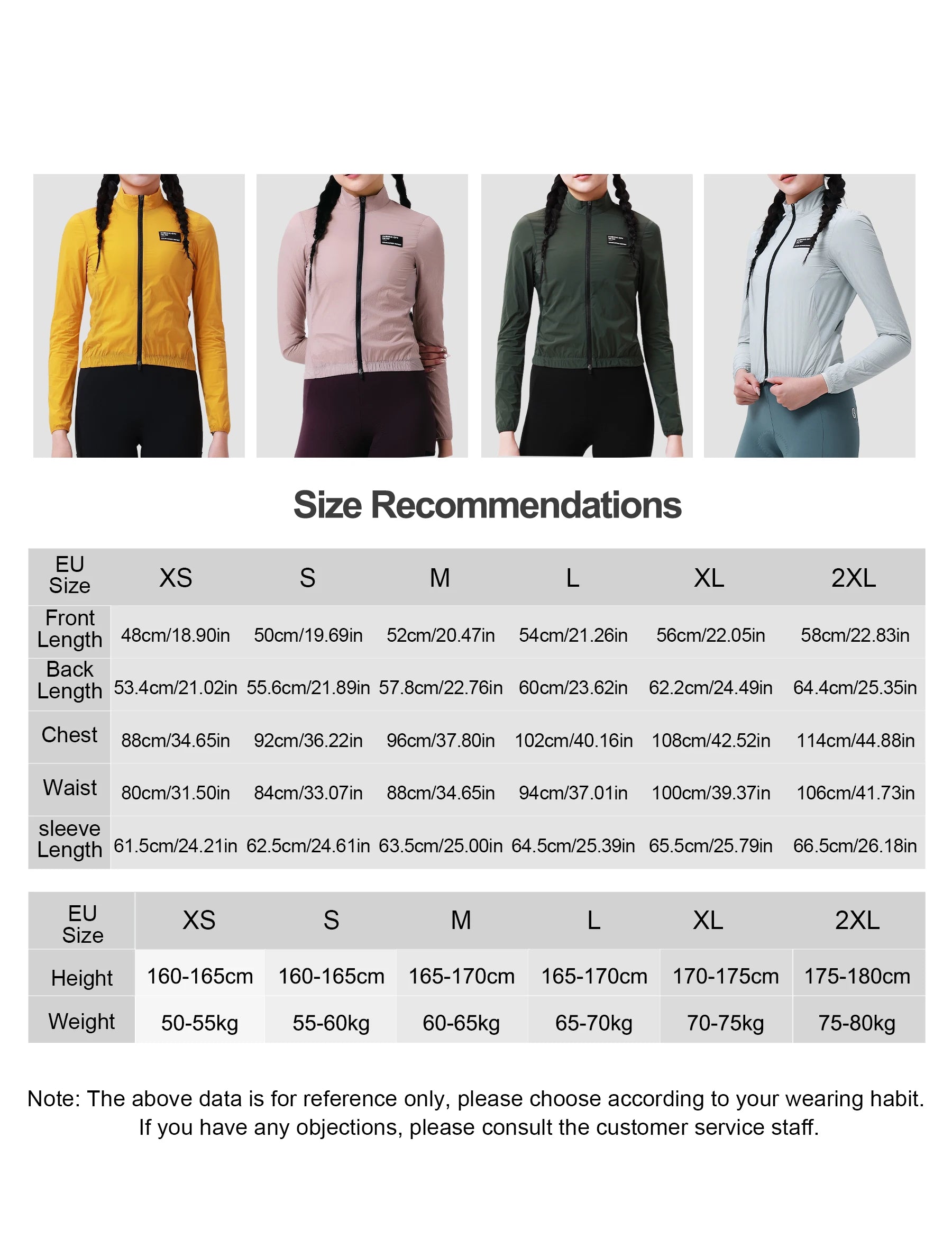KiKis women's cycling windbreaker jackets in yellow pink green and gray shown in front view with size chart