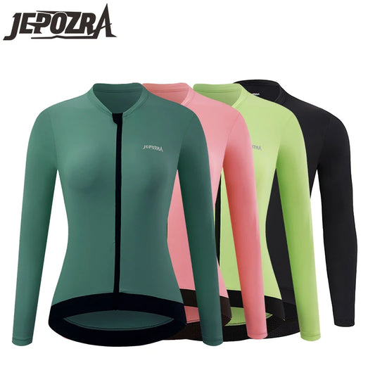 KiKis women's long sleeve cycling jersey in green pink lime and black colors with full front zipper