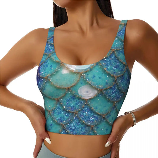KiKis mermaid scale sports bra for women in blue with glittery fish scale pattern and wide straps