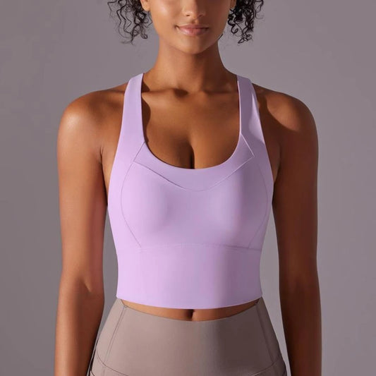 KiKis seamless crossback sports bra for women in lavender with supportive fit and longline design