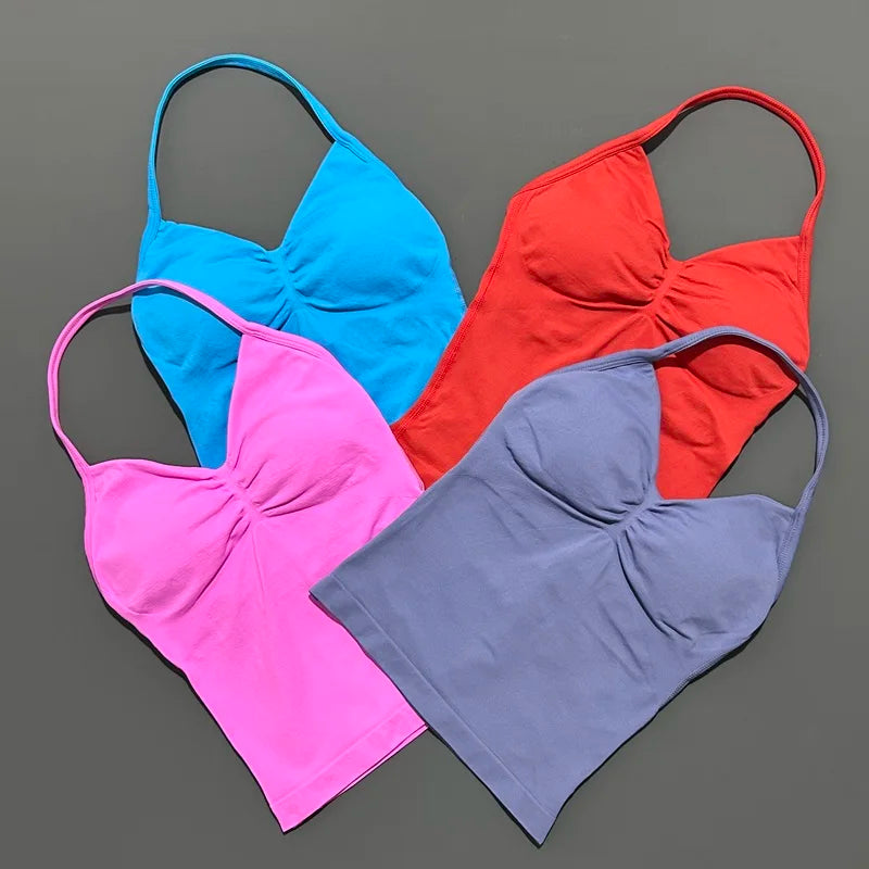 KiKis open back yoga tank top for women in blue red pink and purple colors with ruched front design