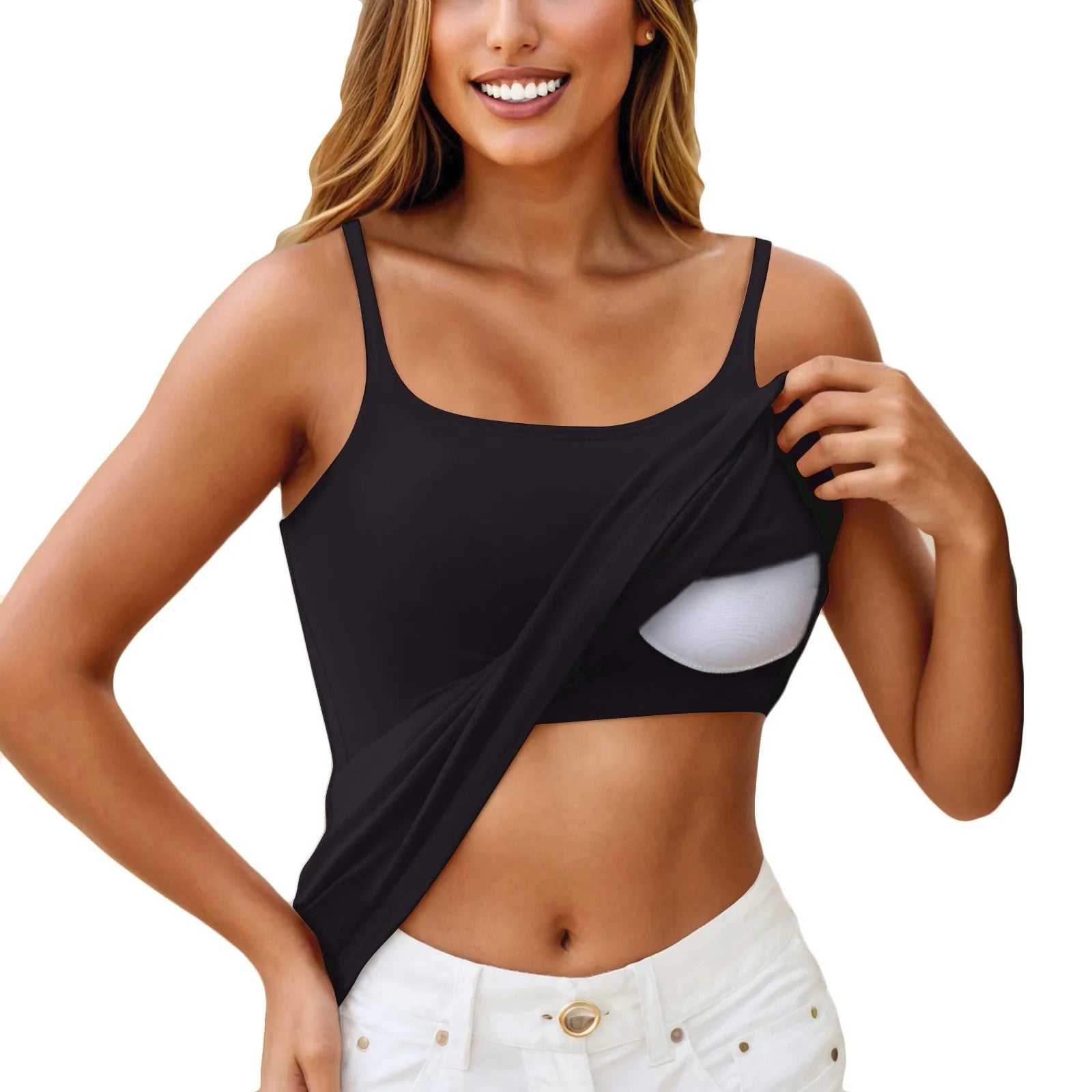 KiKis black padded bra tank top for women with adjustable straps and built-in bra support