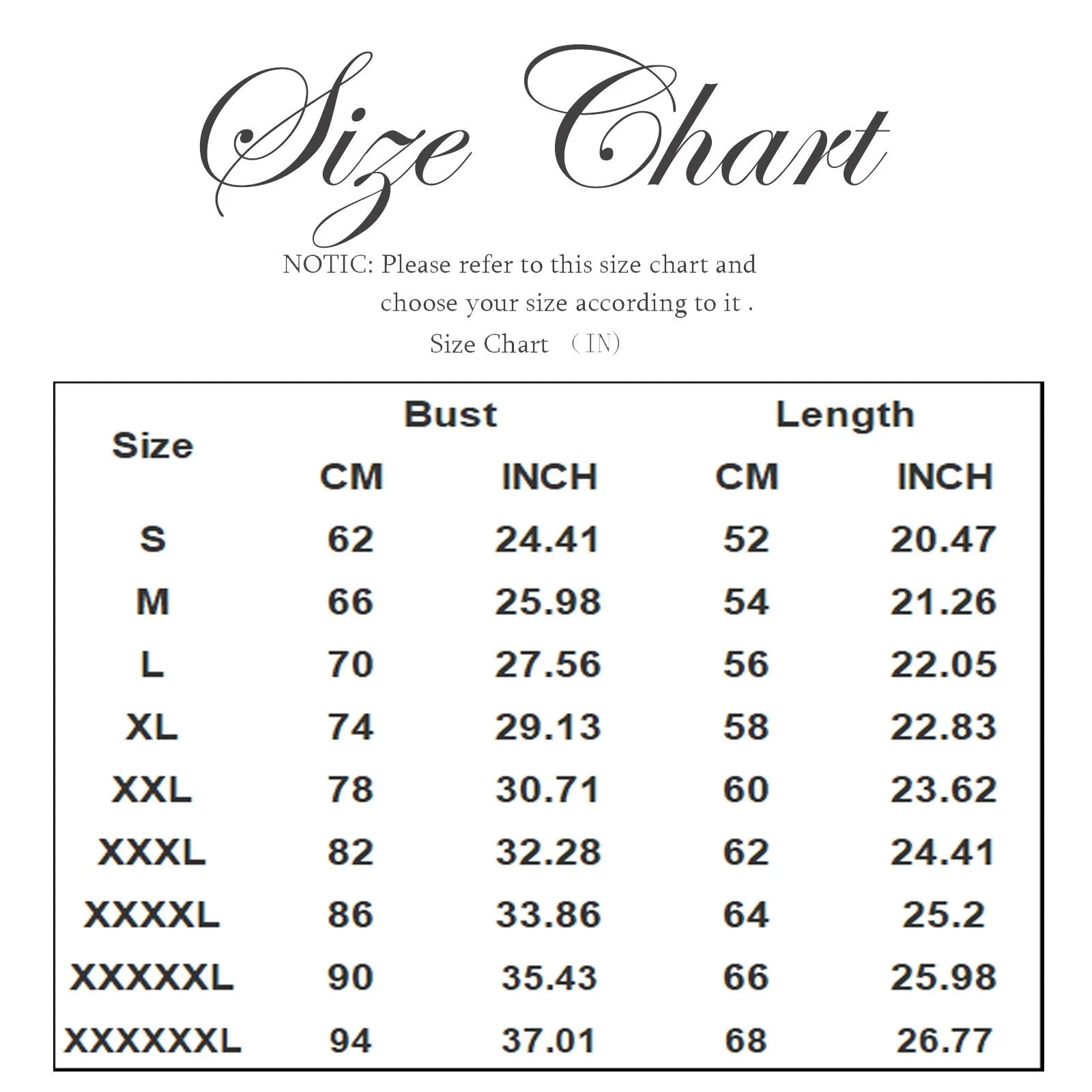 KiKis padded bra tank top for women size chart showing bust and length measurements in centimeters and inches