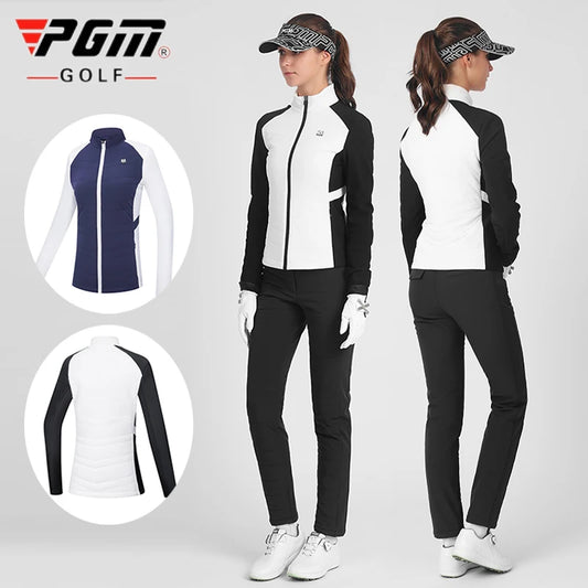 PGM women's golf jacket for autumn winter in black and white shown front and back views with blue and white option