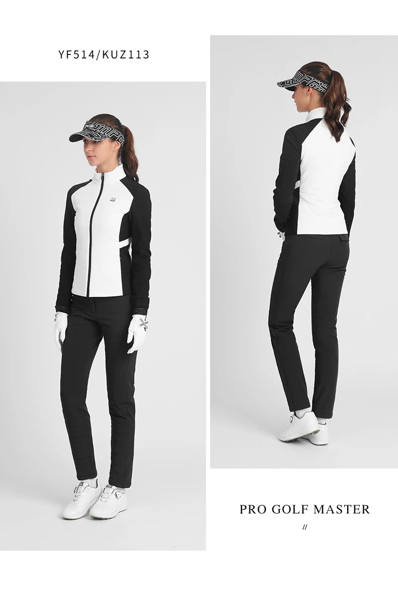KiKis women's golf jacket for autumn winter in black and white with full zip and fitted design