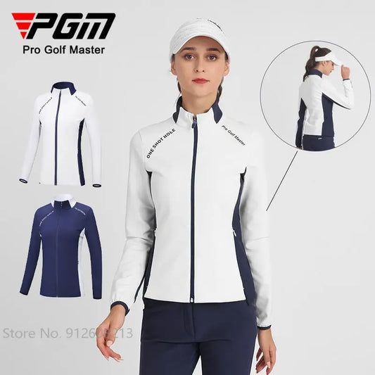 PGM women's golf windbreaker jacket in white and navy with full zip and high collar