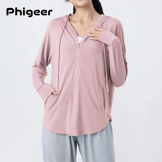 KiKis Phigeer pink zip-up hoodie with front pockets and drawstring hood for casual wear