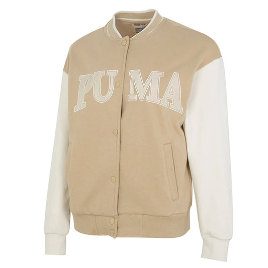KiKis women's Puma track jacket in beige and white with button-up front and large PUMA logo