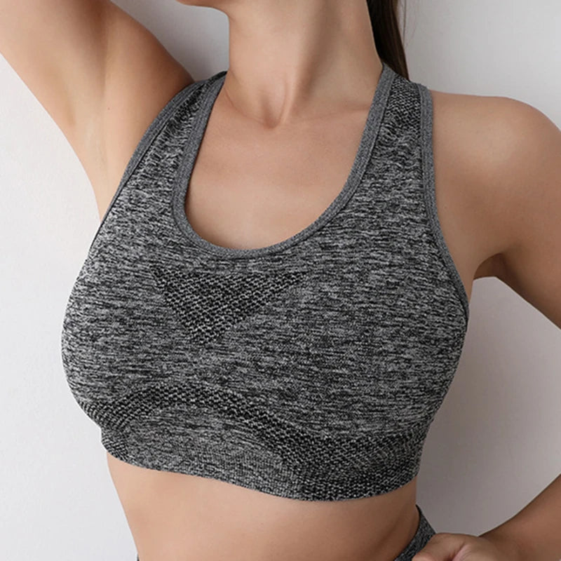 Gray seamless push up sports bra for women with wide straps and support by KiKis