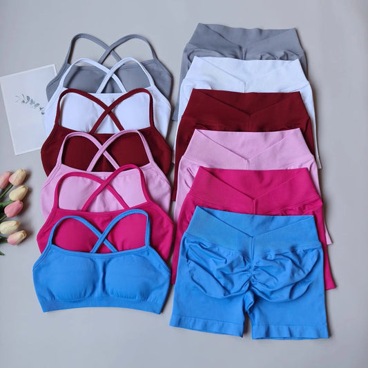 Colorful seamless yoga suit for women including sports bras and shorts in multiple colors from KiKis