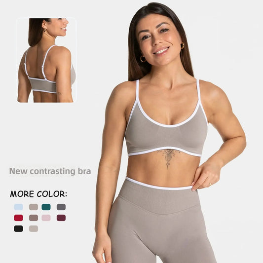 KiKis shockproof yoga bra outdoor fitness in taupe with white trim and adjustable straps
