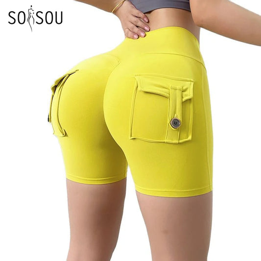 Yellow high waisted cycling shorts women with back pockets and button details by KiKis