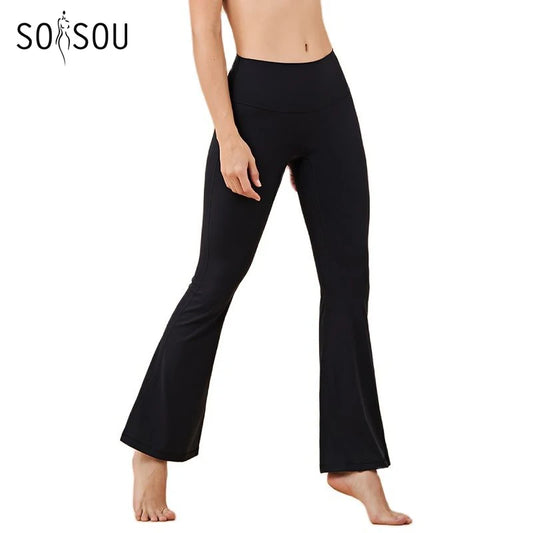 KiKis Womens Bell bottom yoga pants in black with high waist and flared legs for comfortable workouts