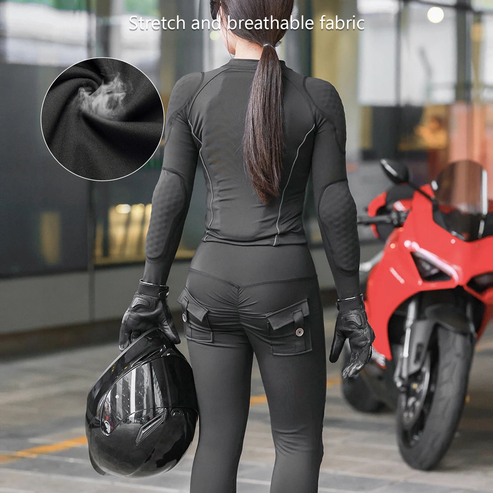 Stylish summer motorcycle jacket for women in black stretch breathable fabric shown from back