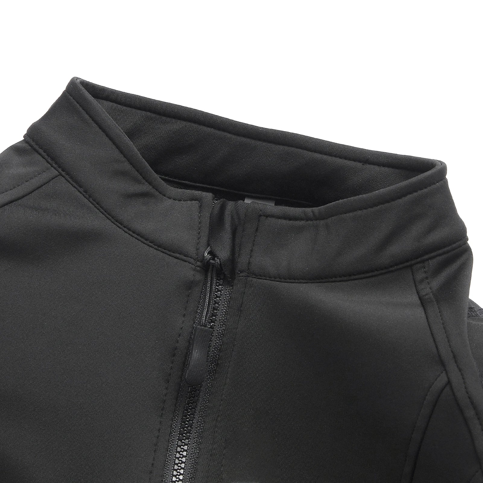 Close-up of black stylish summer motorcycle jacket for women by KiKis with zipper and collar details