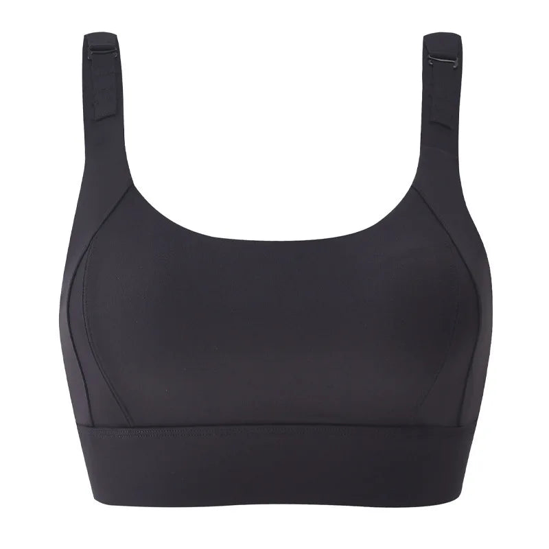 KiKis black high impact sports bra for women with adjustable straps and supportive design