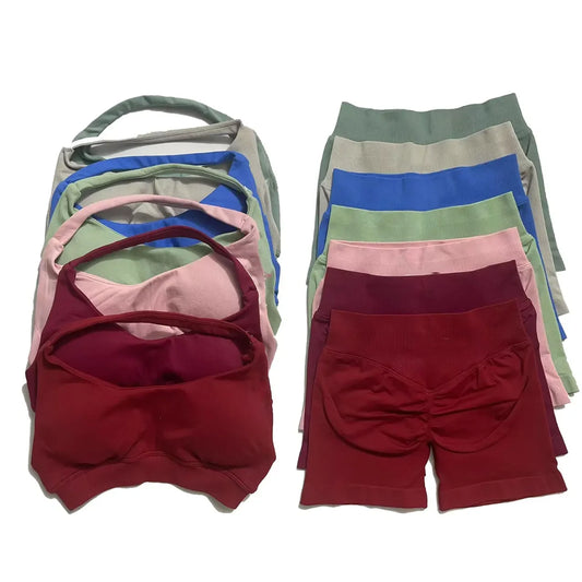 KiKis seamless fitness yoga set for women in multiple colors including maroon, pink, green, blue, and beige