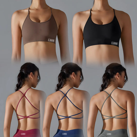 KiKis women's seamless sports bra in brown, black, red, blue, and gray with strappy crisscross back design