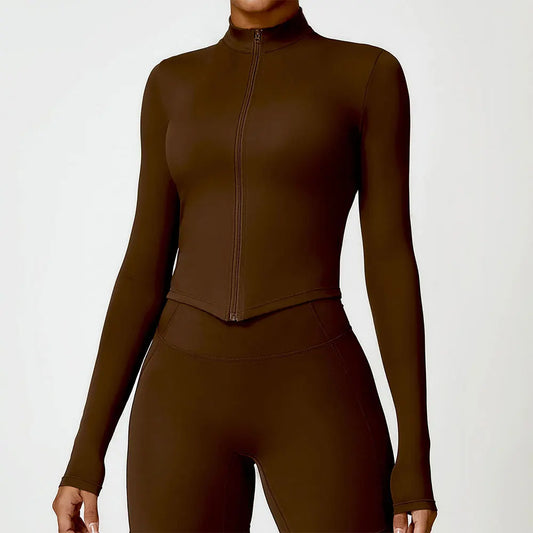 KiKis women's gym workout zip up top in brown with long sleeves and high collar
