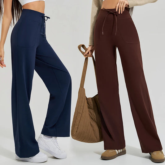 KiKis Women's High Waist Loose Running Yoga Pants in navy blue and brown with drawstring waist and wide leg design
