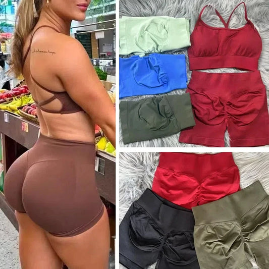 KiKis women's peach hip yoga shorts displayed in various colors and worn by a model showing fit and style