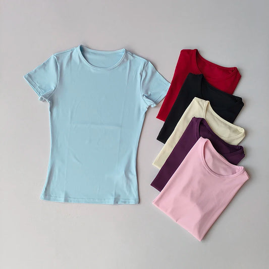 KiKis women's quick-dry yoga tops in assorted colors including blue, red, black, cream, purple, and pink