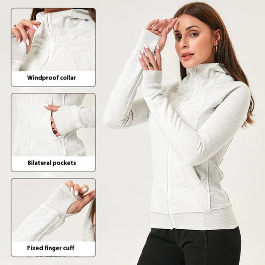 KiKis women's running zip up hoodie in light gray with windproof collar and thumb cuffs