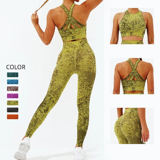KiKis women's seamless yoga set in green with textured pattern featuring a racerback crop top and high-waisted leggings