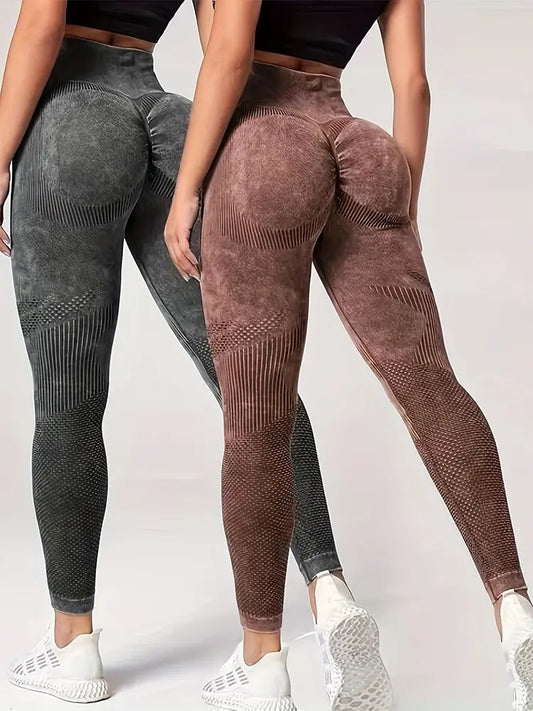 KiKis women's tummy control sports leggings in brown and gray with textured design and high waist