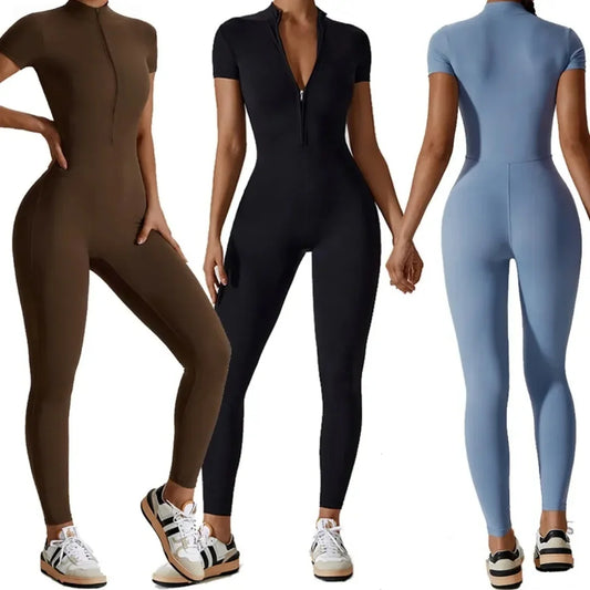 KiKis women's zipper yoga jumpsuit in brown black and blue with short sleeves and front zipper