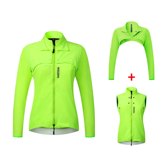 KiKis Women's Reflective Cycling Jackets in bright green with full zip and removable sleeves for versatile use