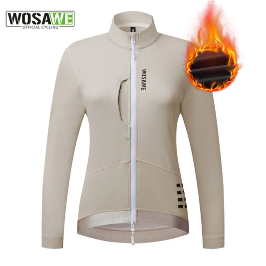 WOSAWIE beige women's winter cycling jacket with full zipper and thermal insulation for cold weather