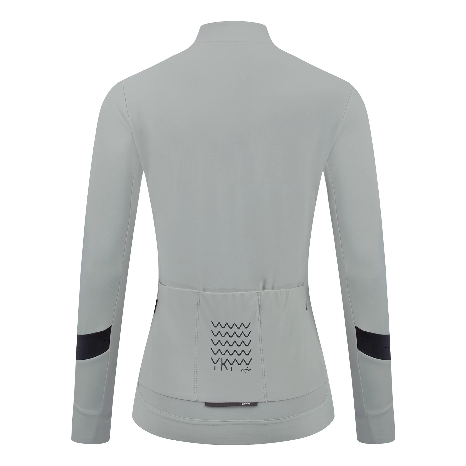Back view of KiKis women's thermal cycling jacket in light gray with rear pockets and black elbow patches