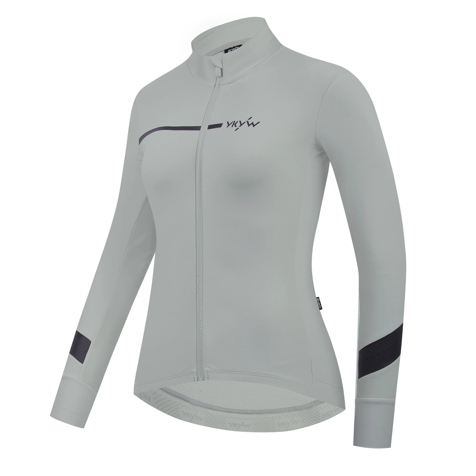 KiKis women's thermal cycling jacket in light gray with full front zipper and long sleeves